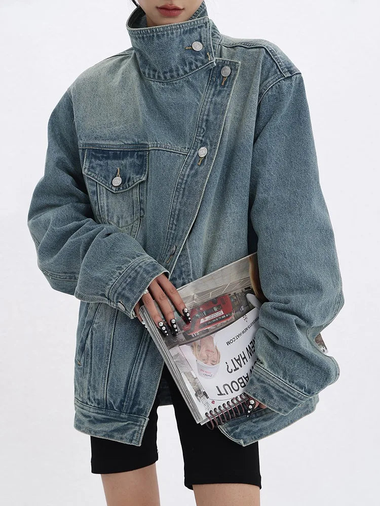 Denim Coat Turtleneck Single Breasted Full Sleeve Patchwork Versatile Jacket Streetwear Denim Overcoat