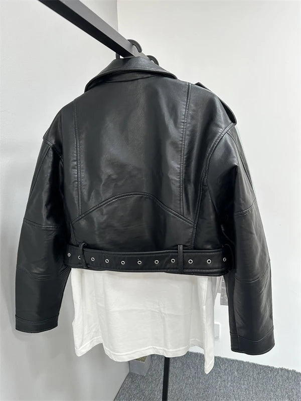 Women's washed leather jacket with belt, short coat with downgraded zipper and vintage lapel, e jacket