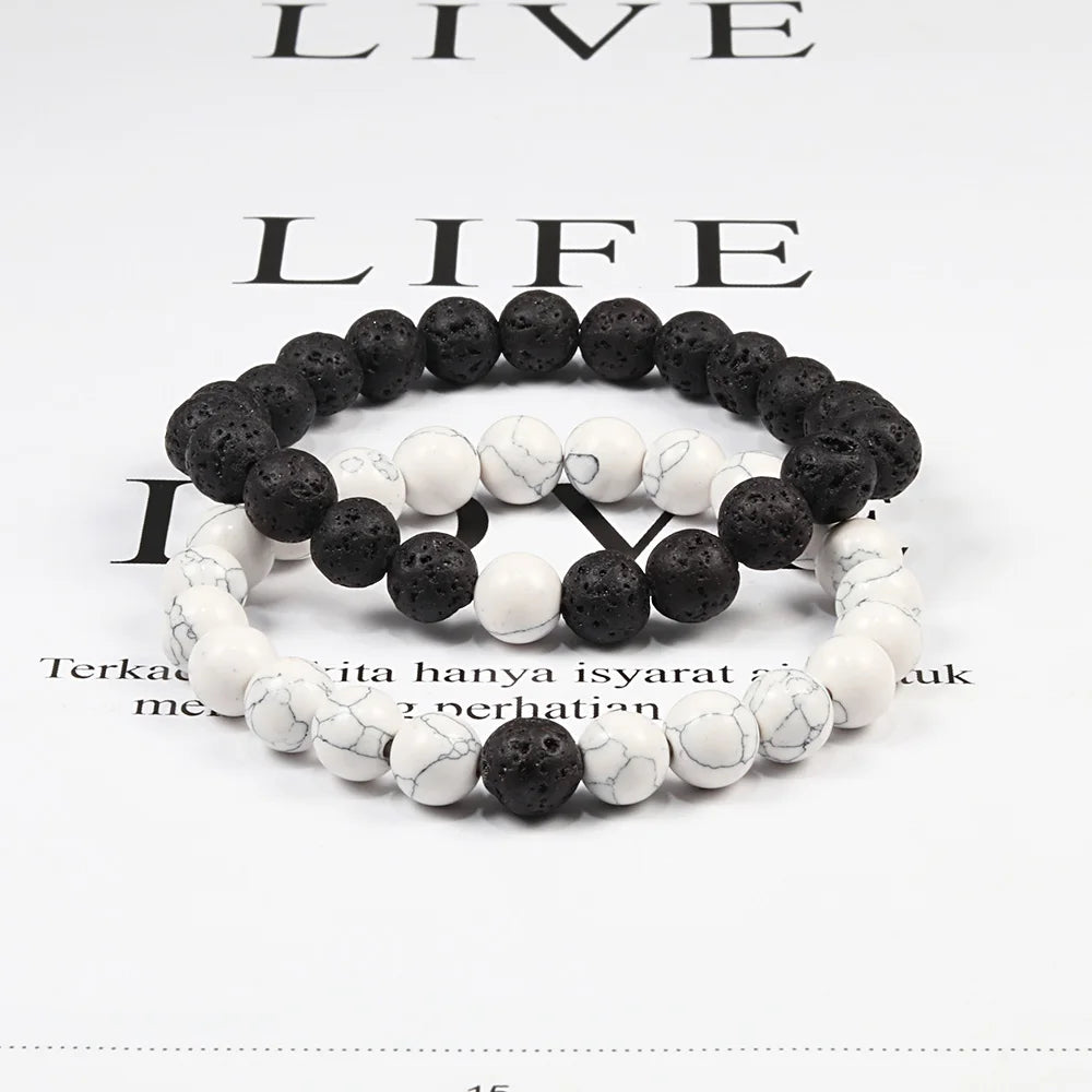 Set Bracelet Couples Distance Black White Natural Lava Stone Tiger Eye Beaded Yoga Bracelets for Men Women Elastic Rope Jewelry - Ladyglow