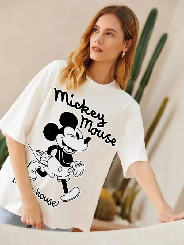 Kawaii Mickey Mouse Summer T-shirt  Ladies Casual O-Neck Top