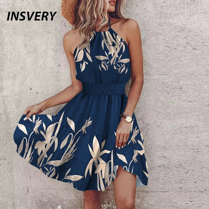 Summer Floral Print Mini Dress Halter Dresses For Women Casual Sleeveless Boho