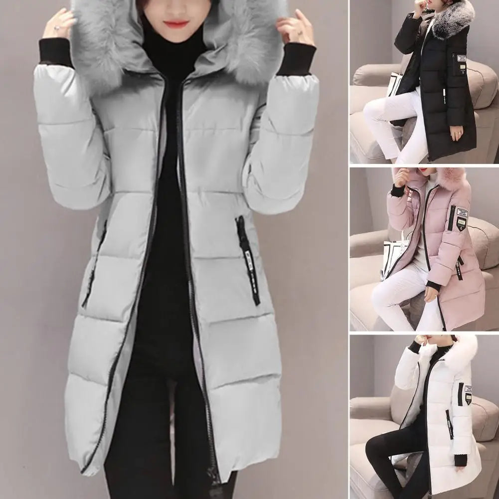 Women Winter Cotton Coat Hooded Mid Length Outerwear Windproof Warm Long Sleeve Jacket