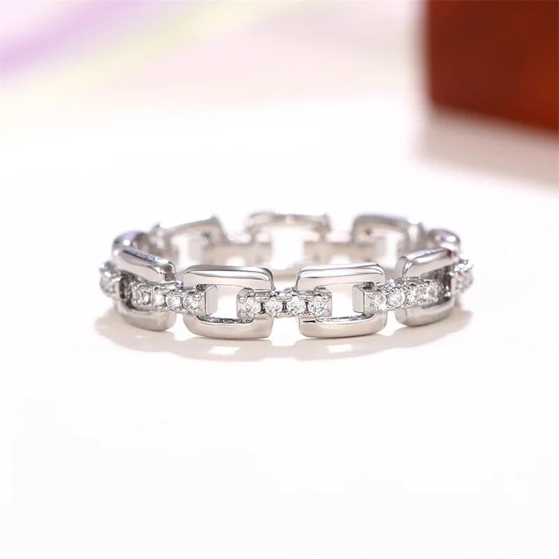 Trendy Jewelry Chain Shape Finger Ring for Women Silver Color Shiny Zirconia