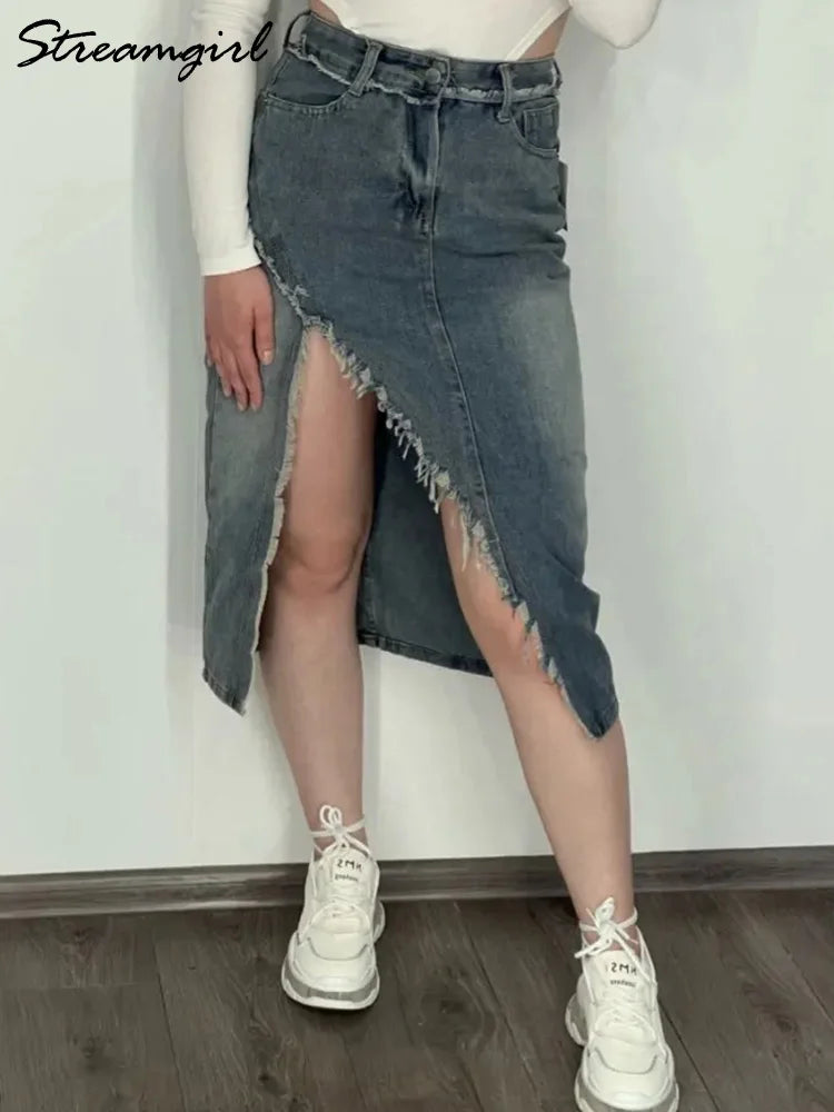 Irregular Split Denim Skirt - Ladyglow