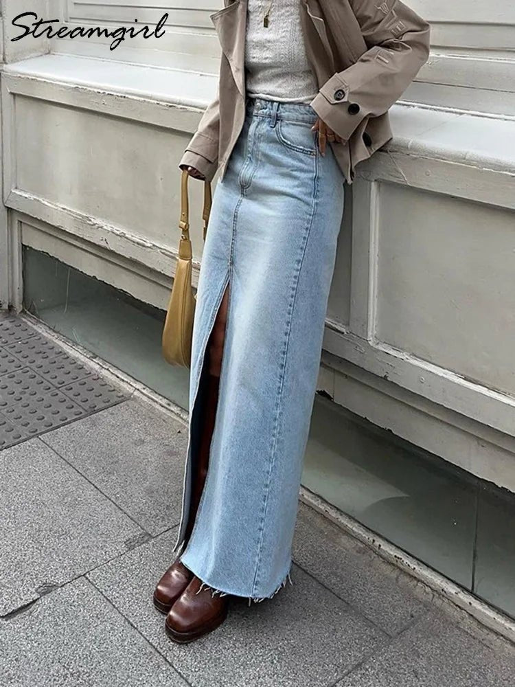 Blue Front Slit Denim Maxi Skirt - Ladyglow