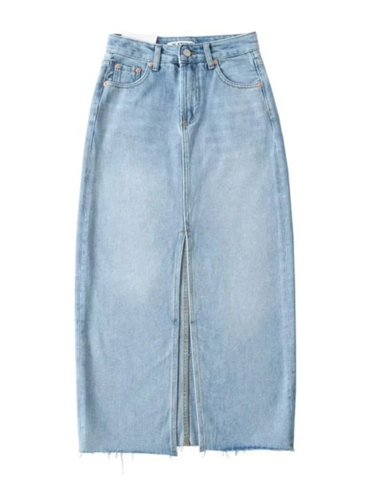 Blue Front Slit Denim Maxi Skirt - Ladyglow