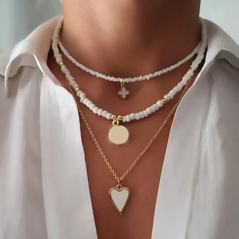 Bohemian Multilayer Handmade Beads Chain Fashion Necklaces Oil Heart Cross Pendant Jewelry For Women Accessories X0189 - Ladyglow